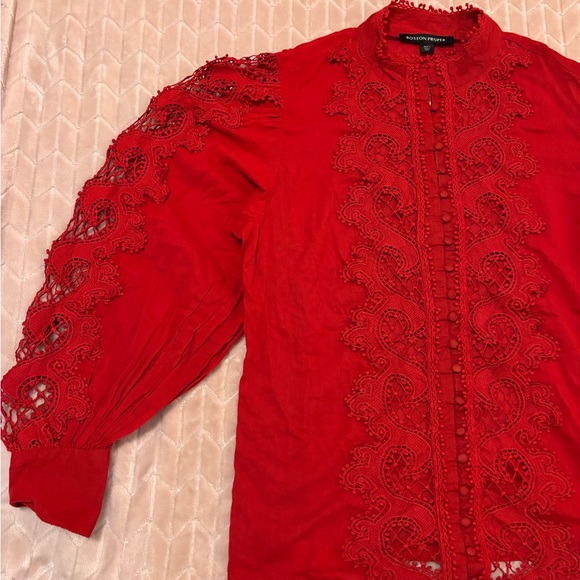 Boston Proper Womens Drama Sleeve Shirt Sz L Mock Neck Button Front Texture Lace - Picture 13 of 16